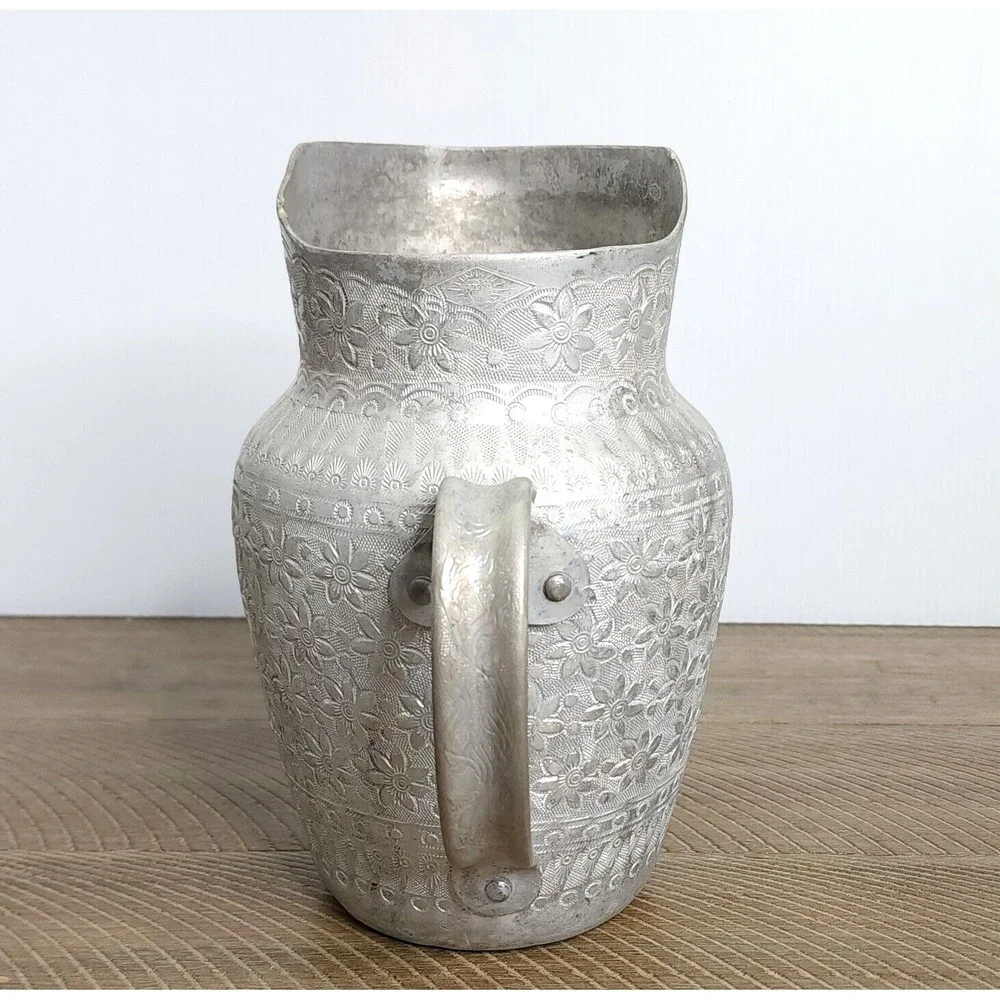 Vintage Etched Floral Aluminum Water Pitcher Diamond‎ Brand Made in Thailand
